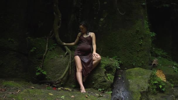 어두운 갈색 드레스에 매력적인 임산부는 목욕 후 열대 정글에서 강에서 휴식을 취합니다. 슬로우 모션. — 비디오