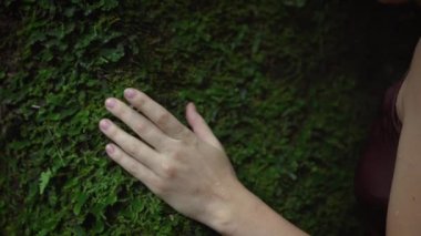 Islak kadınlar, yeşil tropik yosunları taşa vuruyorlar. Yavaş çekim.