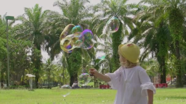 Две маленькие девочки веселятся с мыльными пузырями в парке. Медленное движение — стоковое видео