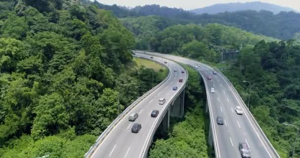 Luchtfoto van twee snelwegen met tegemoetkomend verkeer tussen het groene bos 4k — Stockvideo