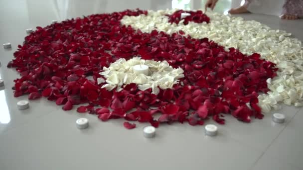 Yin Yang simbol aus roten und weißen Rosenblättern auf dem weißen Fußboden — Stockvideo