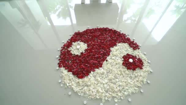 Yin yang símbolo de pétalos de rosa roja y blanca en el suelo blanco y piernas de una mujer en un vestido blanco largo — Vídeo de stock