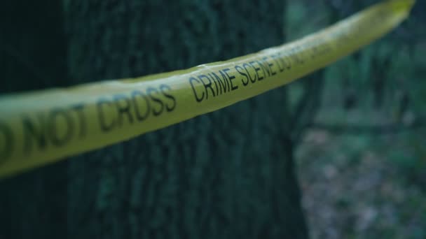 Páska místa činu v strašidelném tmavém lese, na vraždách, vyšetřování vraždy — Stock video
