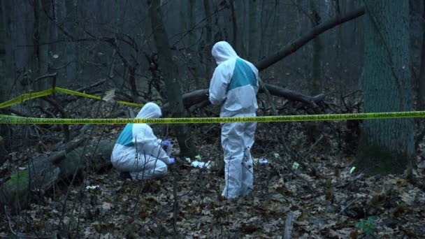 Due analisti forensi che lavorano sulla scena del crimine, raccogliendo prove fisiche — Video Stock