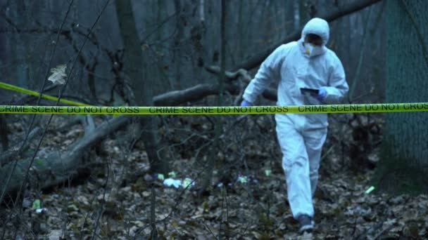 Scena zbrodni leśnych, ekspert w dziedzinie nauk sądowych pracujący na miejscu, zbieranie dowodów — Wideo stockowe