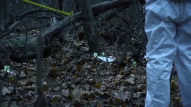 Ormanda suç mahalli, yerde dağınık kurban giysileri, kanıt toplama