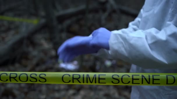 Ειδικός εγκληματολογίας που βάζει προστατευτικά γάντια στον τόπο του εγκλήματος, προετοιμασμένος να εργαστεί — Αρχείο Βίντεο