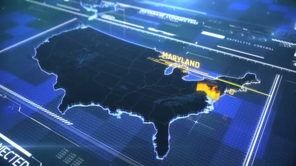 Marylandská státní hranice 3D moderní mapa se jménem, regionální osnova — Stock video