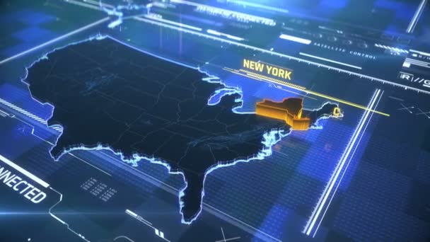 New Yorská státní hranice 3D moderní mapa se jménem, regionální osnova — Stock video