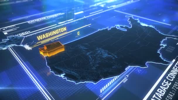 Граница штата Вашингтон 3D карта современного времени с названием, региональный план — стоковое видео