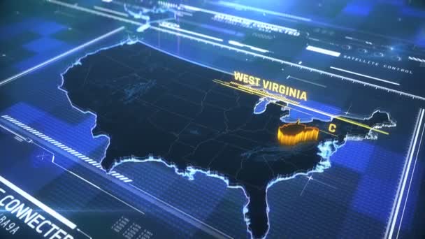 West Virginia Us delstatsgräns 3D modern karta med namn, region skiss — Stockvideo