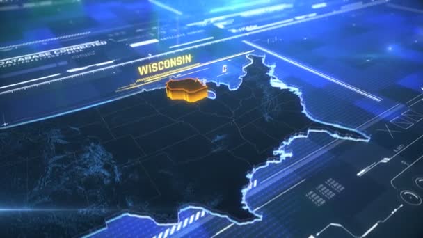 Wisconsin frontera del estado de EE.UU. mapa moderno 3D con un nombre, contorno de la región — Vídeo de stock