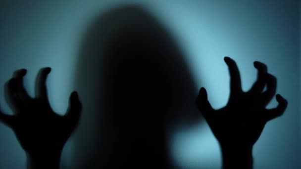 Scary female silhouette behind the glass, personality split, mental disorder — Stock Video