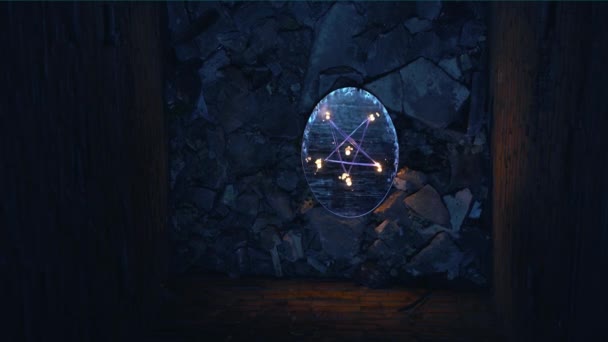 Vítr zhasíná světla svíček na zrcadle s pentagramem, vzhled ducha — Stock video