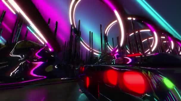 Крупним планом автомобільні стоп-світильники, що їздять в неоновому освітленому тунелі, музичне відео фон — стокове відео