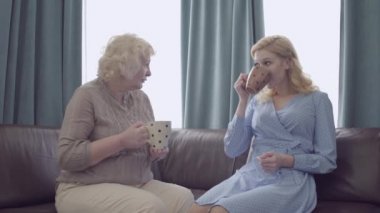Genç kadın ve kayınvalide konuşuyorlar, evde çay içiyorlar, aile bağları var.