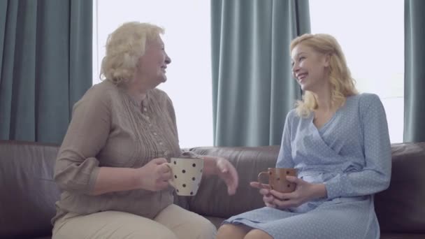 Happy retired lady talking to young woman on the sofa, elderly companion care — Stock Video