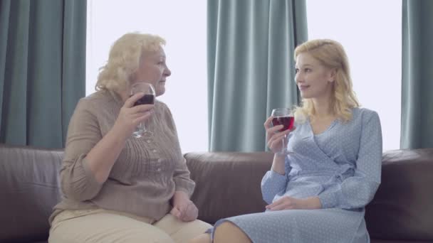 Mère et fille cliquetis verres de vin, assis ensemble sur le canapé, famille — Video