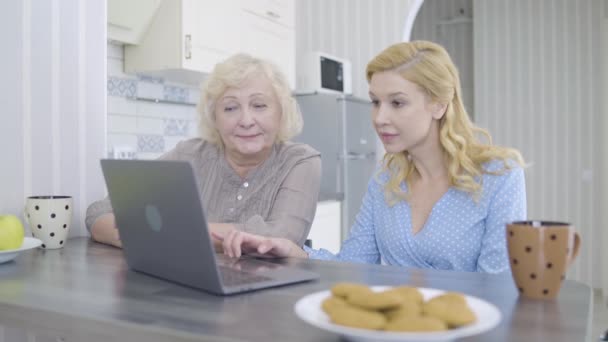 Mujeres conmocionadas leyendo malas noticias en línea, sentado en frente de la computadora portátil, problema — Vídeo de stock