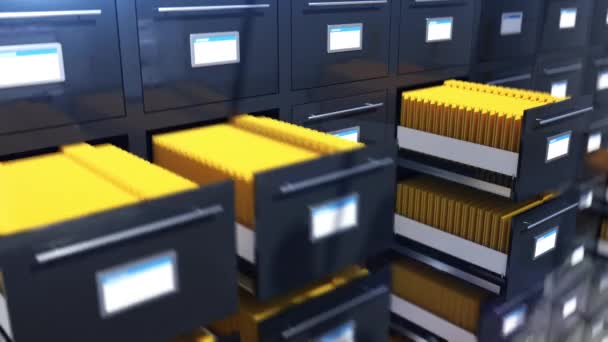 Cajones de almacenamiento de papel apertura y cierre, centro de datos, archivo retro, oficina — Vídeo de stock