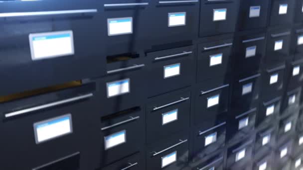 Arkiv, massor av papperslådor, dokumentation, informationscenter, dataserver — Stockvideo