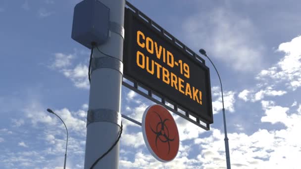 Warning, COVID-19 outbreak. Stay home, save lives. Road sign with running text — Stock Video