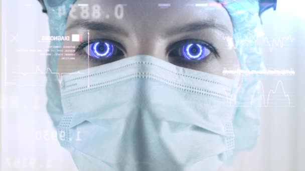 Medicinsk hud head-up display, futuristisk teknik, läkare skanning patientens vitala — Stockvideo