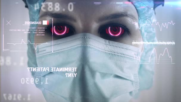 Gonosz orvos vörös lézer szemek szkennelés beteg életjelei, anti-viaxxer összeesküvések — Stock videók