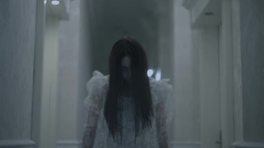 Zombi gelin perili otelde kameraya bakıyor. Kan dondurucu kâbus, cadı.