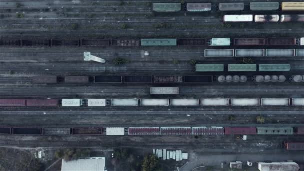 Veel lege goederenauto 's staan op de spoorwegen vanuit de lucht, vrachtvervoer — Stockvideo