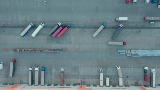 Camiones estacionados esperando carga cerca de terminal portuaria, transporte intermodal — Vídeos de Stock