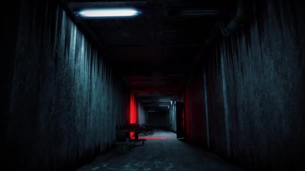 Dark creepy psychiatric ward hallway with flickering light, horror scene — Stock Video
