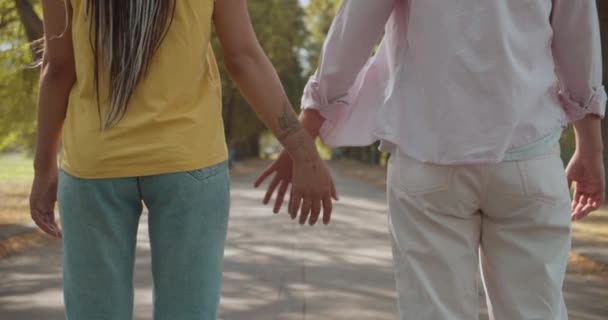 Геи держатся за руки и гуляют в красивом парке, наслаждаясь романтическим свиданием — стоковое видео