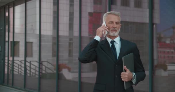 Konsult med bärbar dator pratar på telefon tittar på klocka, arbete på kontoret, karriär — Stockvideo