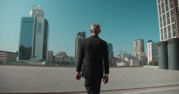 Confident banker walking on rooftop near office buildings, business development — Stock Video