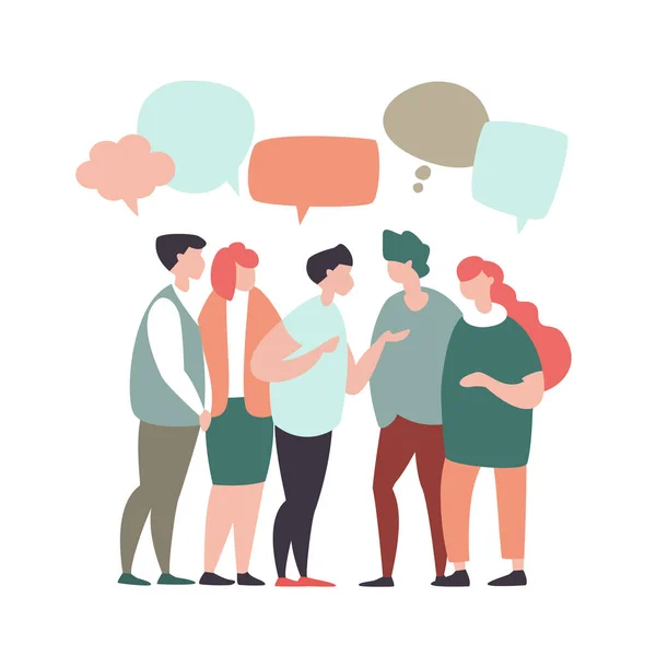 Vector illustration young people communicate, interact, discuss with speech bubbles in modern design style. Concept of teamwork, social networks, global communication