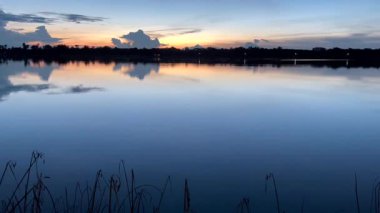 Sakin bir göl üzerinde sakin bir gün batımı... altın ve mavi gökyüzü yansımaları, siluetli ağaçlar ve ön planda hafif kamışlarla... huzurlu doğal bir manzara yaratıyor.