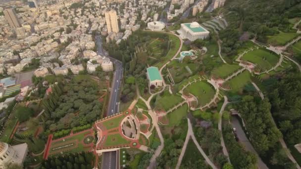 Haifa Bahai Trädgårdar Antenn Drönare Footage — Stockvideo