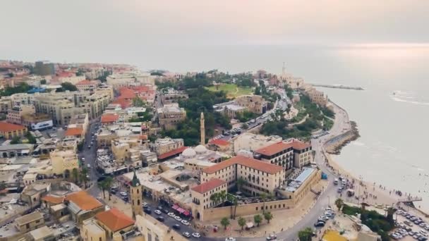 Jaffa Srail Günbatımı Hava Dron Görüntüleri — Stok video