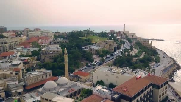 Jaffa Srail Günbatımı Hava Dron Görüntüleri — Stok video