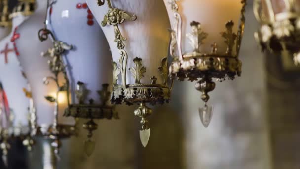 Templo Santo Sepulcro Jerusalém Detalhes Perto Lâmpadas Imagens — Vídeo de Stock