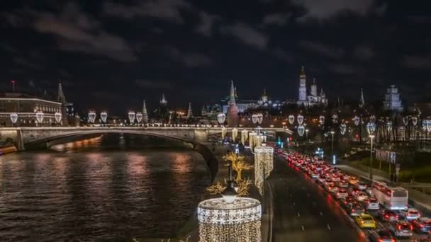 Nacht Moskau Fluss Und Kreml Zeitraffer Aufnahmen — Stockvideo