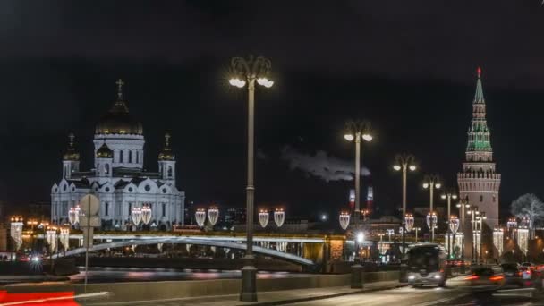 Noc Moskwa Rzeka Kreml Time Lapse Materiał — Wideo stockowe