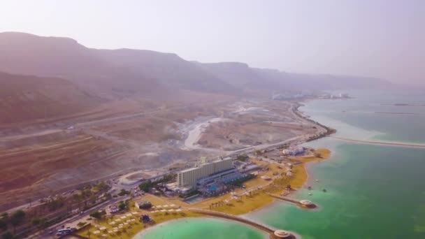 Νεκρά Θάλασσα Ξενοδοχεία Παραλία Εναέρια Πλάνα — Αρχείο Βίντεο