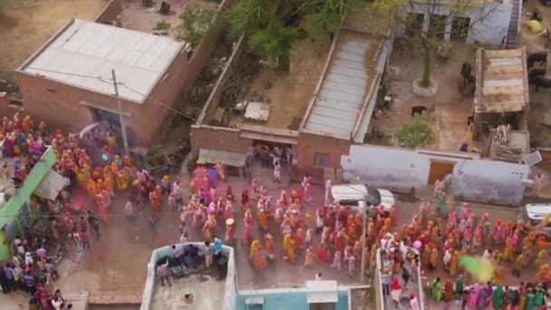 Widok Lotu Ptaka Festiwal Kolorów Holi Indiach Zdjęcia Dronów — Wideo stockowe