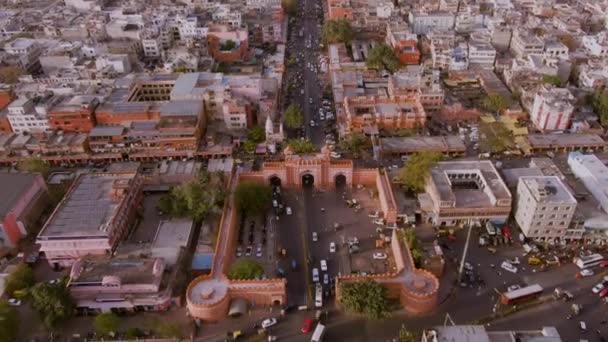 Puerta Rosa Ciudad Jaipur India Rajasthan Escenas Aéreas Aviones Teledirigidos — Vídeo de stock