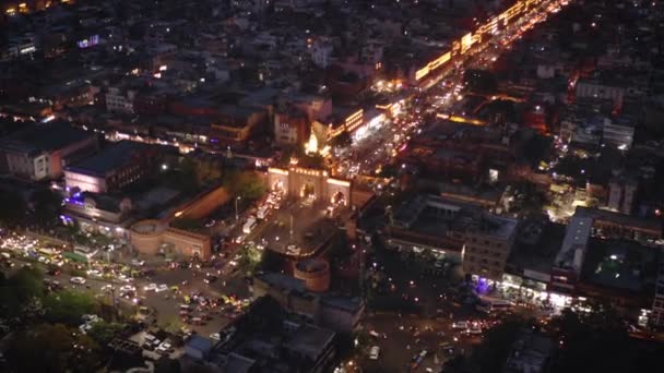 Albert Hall Nighttime Jaipur Drone Aerial View — Stock Video