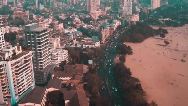 Luchtfoto Mumbai Skyline India Marine Drive Area Drone Hemel Uitzicht — Stockvideo