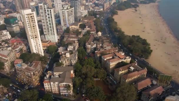 Luchtfoto Mumbai Skyline India Marine Drive Area Drone Hemel Uitzicht — Stockvideo