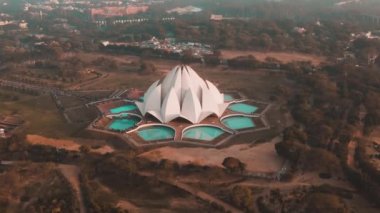 India, New Delhi - October 01, 2019: Lotus temple Bahai, aerial 4k